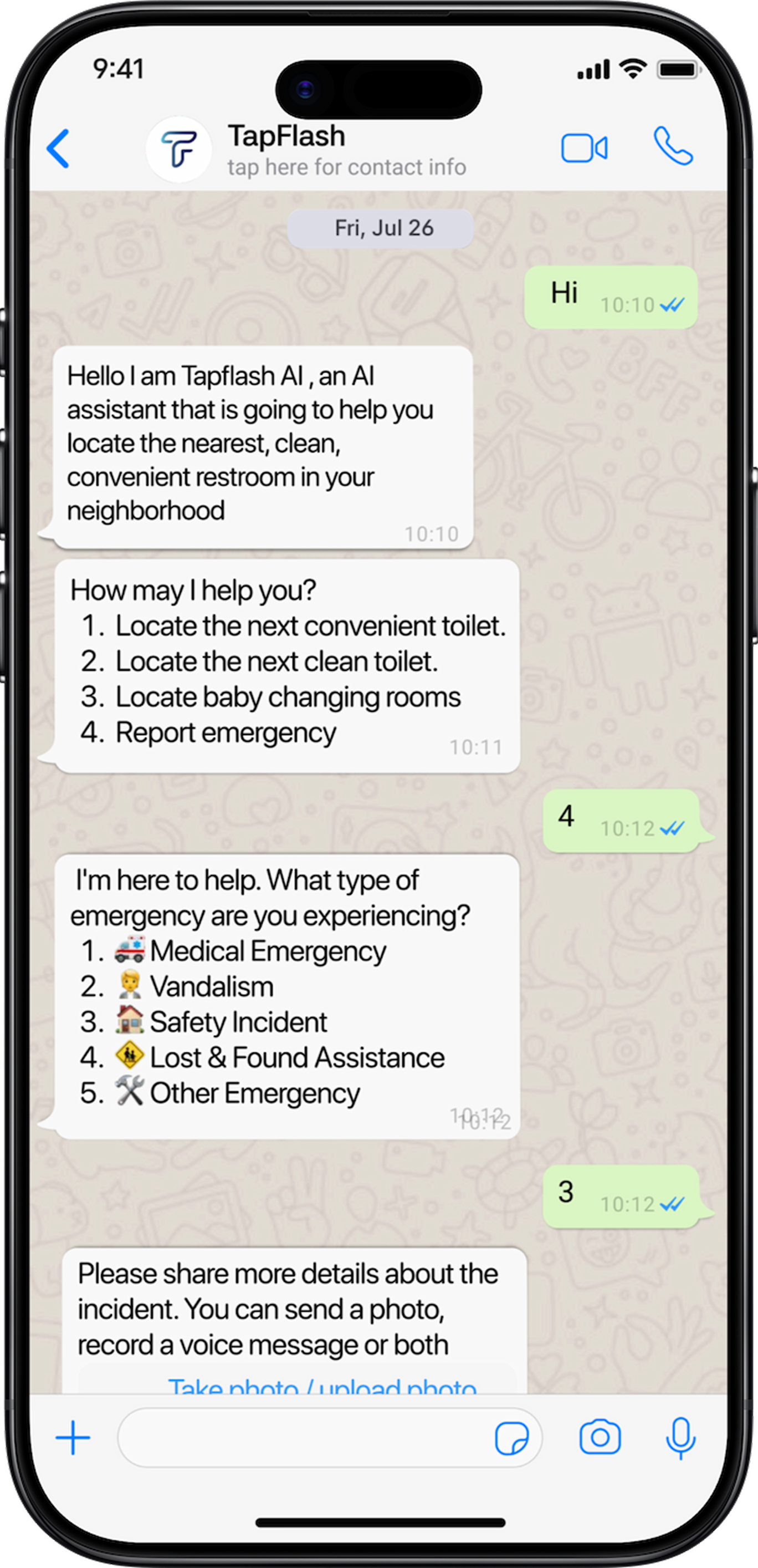TapFlash WhatsApp assistant presenting emergency reporting options